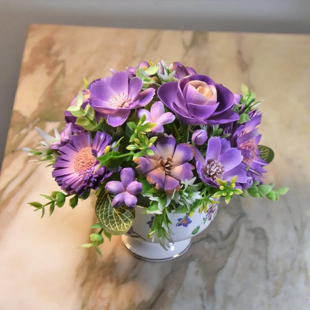 Pretty vintage pedestal sherbet bowl filled with hand painted Sola wood flowers